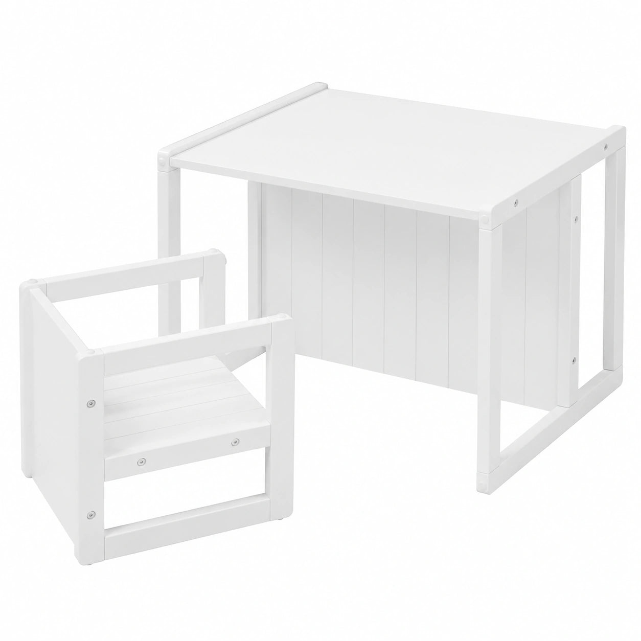 Conjunto de Muebles Infantiles Rústicos: Mesa Convertible con Banco y Taburete, Blanco