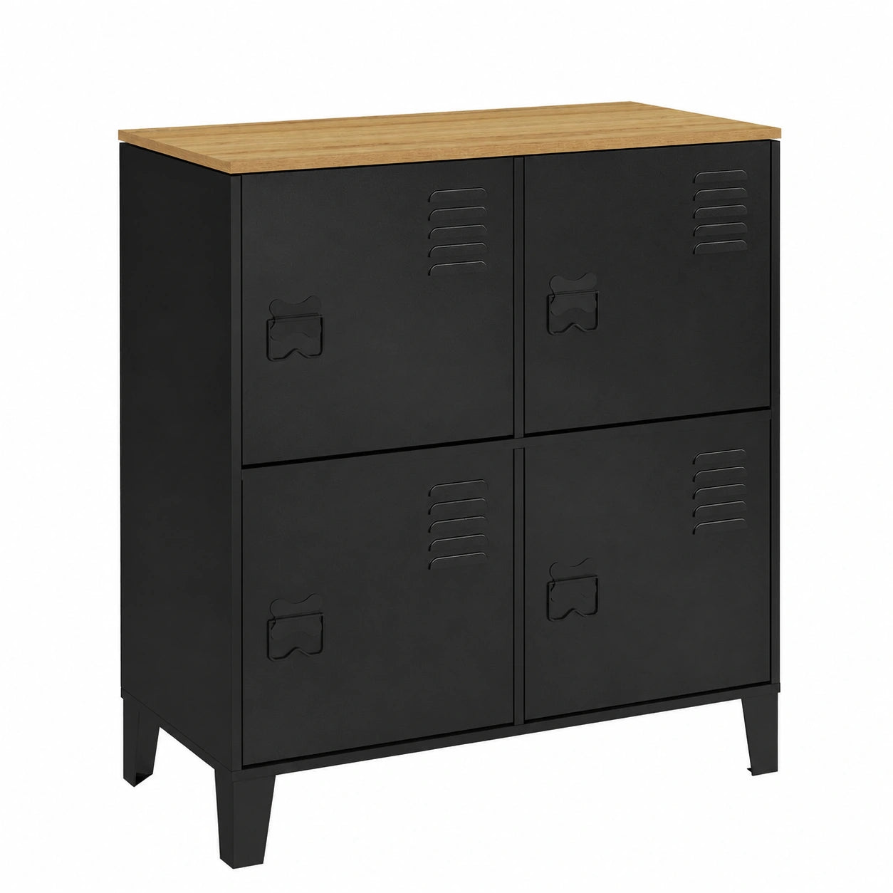 Armario de Taquilla 70 cm, 4 Puertas de Metal Negro con Estante de Madera, Diseño Industrial