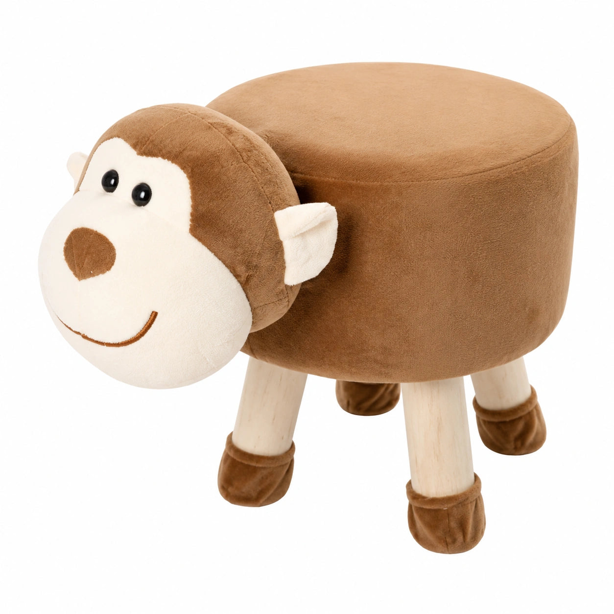 Taburete de Peluche para Niños con Patas de Madera y Diseño de Mono