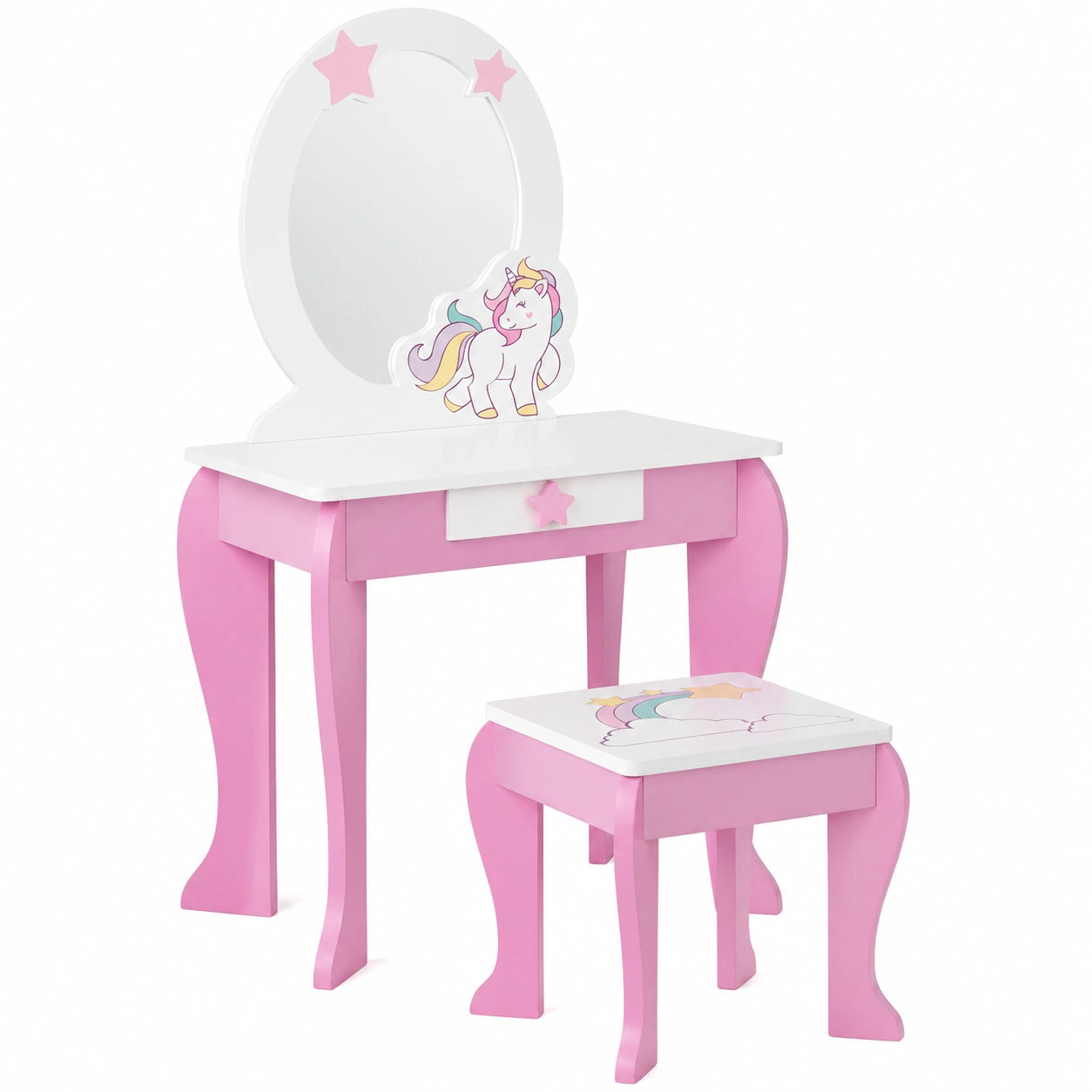 Tocador y Taburete Rosa para Niñas con Espejo y Cajones, Ideal para Niños de 3 a 7 Años
