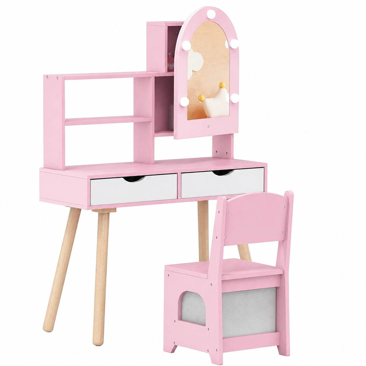 Mesa de Maquillaje Infantil 2 en 1 con Espejo y Almacenamiento para Niñas, Rosa