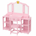 Tocador Infantil de Madera con Espejo Triple y Taburete, Conjunto de Maquillaje para Niña con Cajones y Estantes, Diseño Princesa Rosa