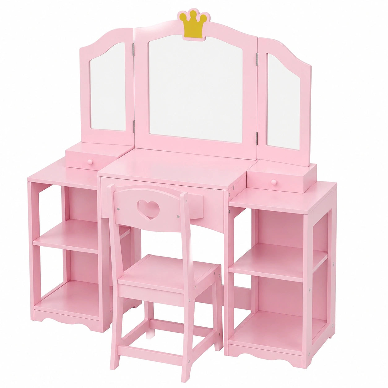 Tocador Infantil de Madera con Espejo Triple y Taburete, Conjunto de Maquillaje para Niña con Cajones y Estantes, Diseño Princesa Rosa