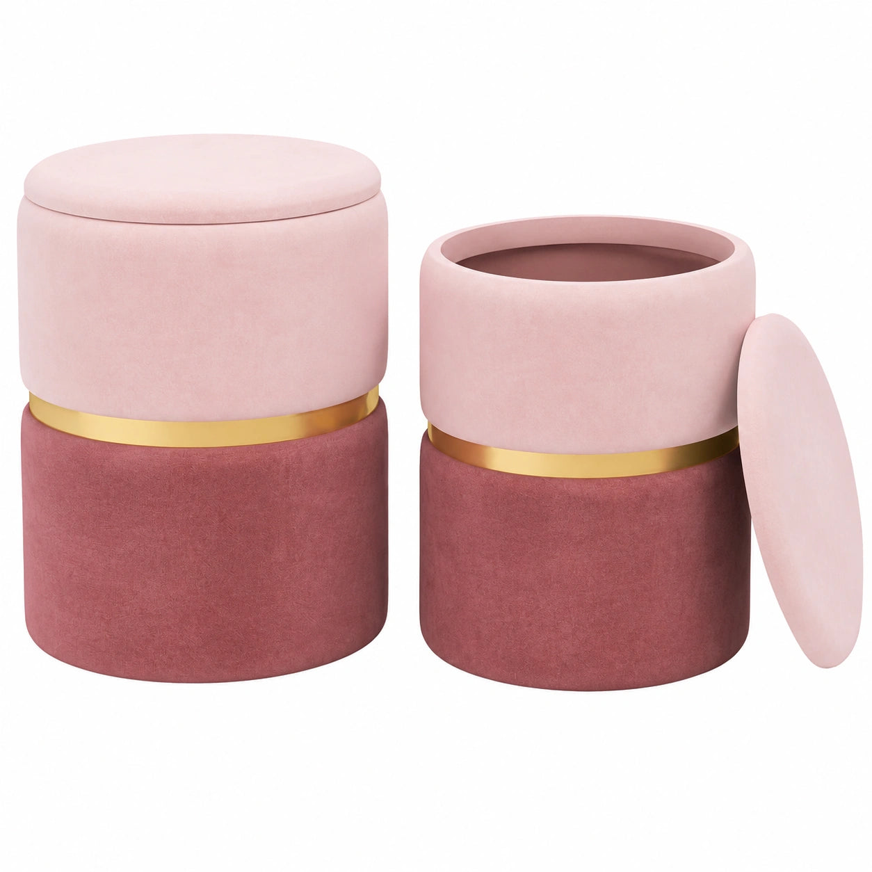 Set de 2 Pufs de Terciopelo con Almacenamiento 32L + 21L para Salón o Dormitorio (Rosa)