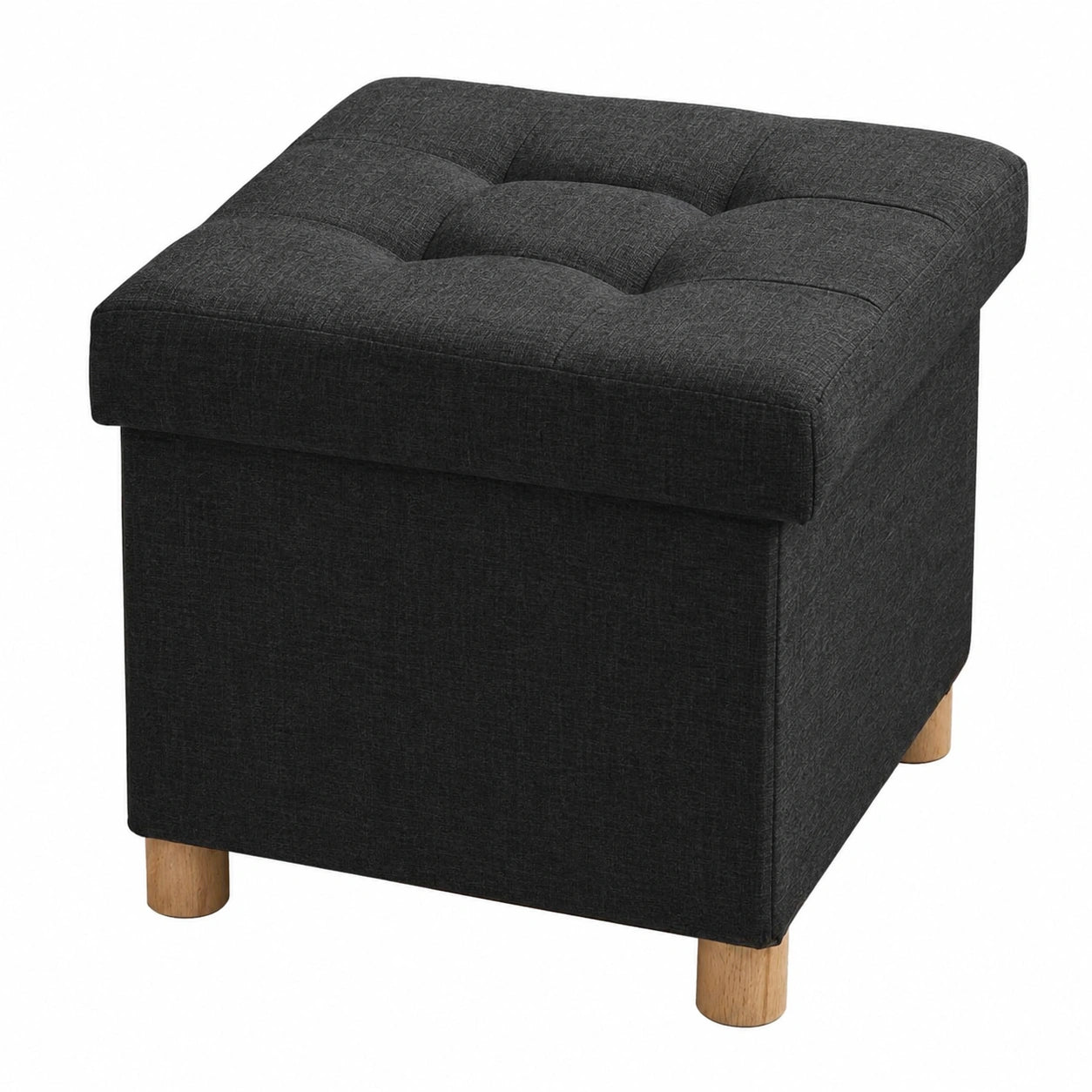 Taburete de Almacenamiento Plegable con Tapizado y Patas de Madera, 38 x 38 x 38 cm, Negro