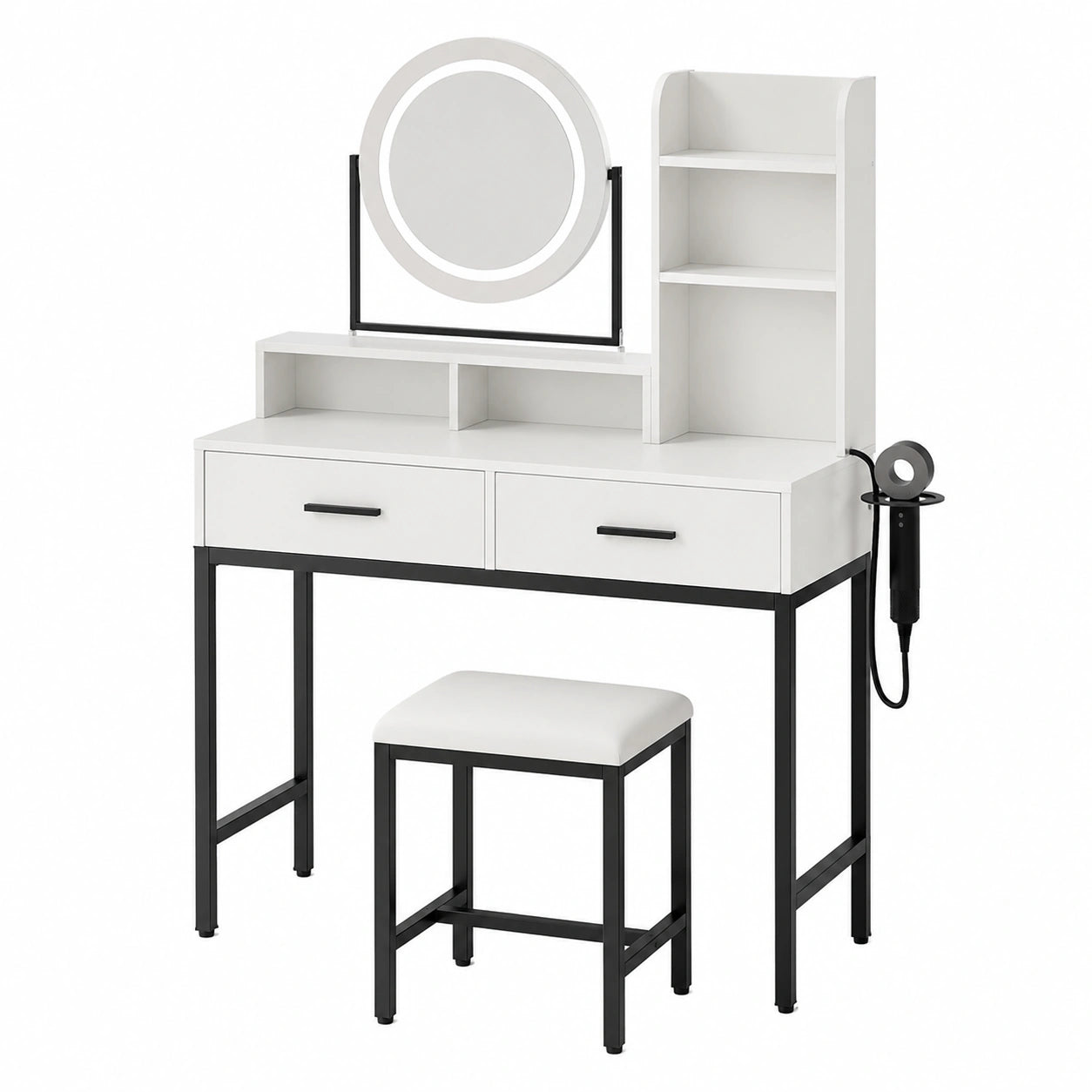 Mesa de Tocador LED con Espejo Giratorio y Taburete, Blanco y Negro, 2 Cajones, 5 Estantes y Soporte para Secador